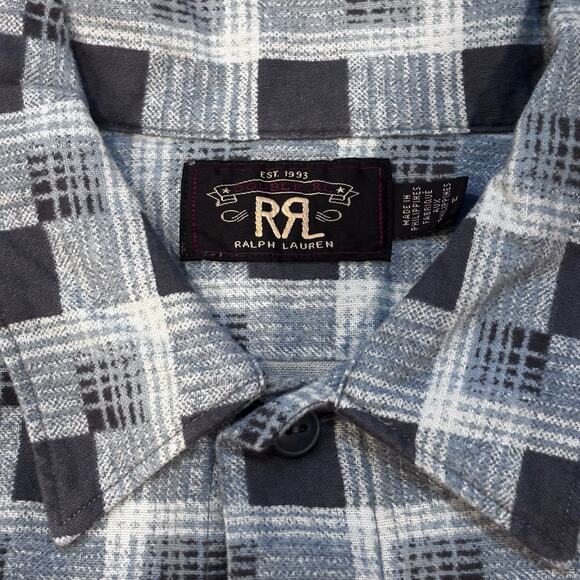 $225 RRL Double RL Ralph Lauren Blue Plaid Cotton Flannel Shirt Mens Size Medium - Picture 2 of 9